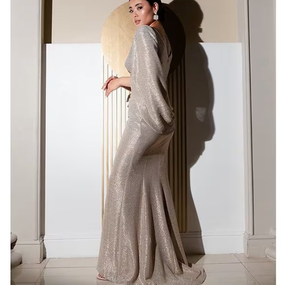 Betsy & Adam Women's Gold & Silver Metallic Surplice Cape Gown NWT - Reemoly - Picture 7 of 9